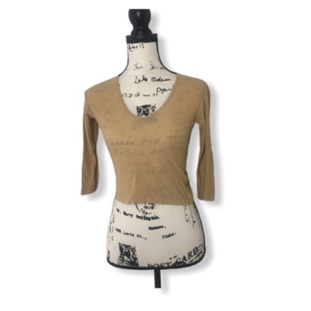 Pinko Gold Shimmer Cropped Top Size M 3/4 Sleeve Metallic Knit Blouse